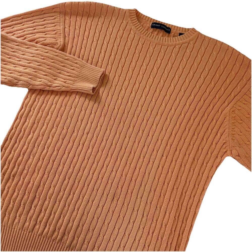 Vintage 90s Grant Thomas Cableknit Peach Orange Sweater Cotton Crew Neck Medium